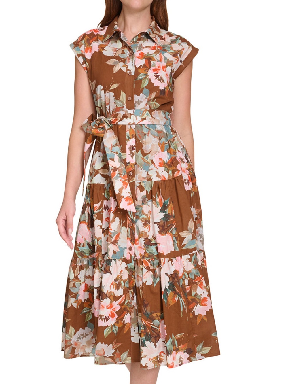 Calvin Klein Brown Floral Button-Front Midi Dress